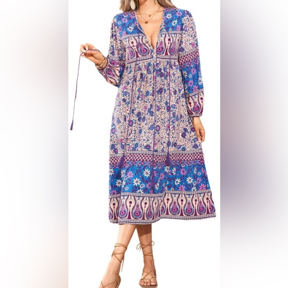 Lance Cade Boho Long Sleeve Cotton Peasant Midi Dress Size Large - Picture 1 of 11